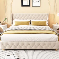 Okwish Lit Double 180x200 cm - Lit Double Rembourré avec Tête de Lit Capitonnée - Velours - Sans Matelas - Beige Clearance