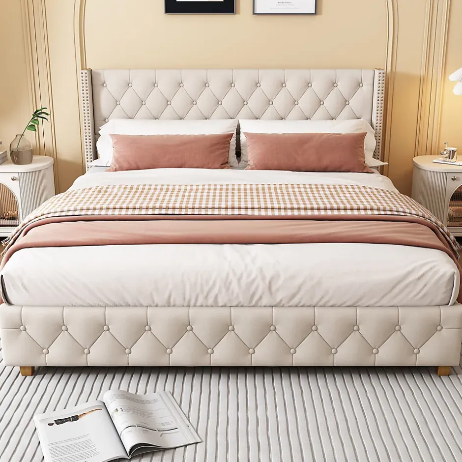 Okwish Lit Double 140x190 cm - Lit Double Rembourré avec Tête Capitonnée et Sommier à Lattes - Lin - Sans Matelas - Beige New