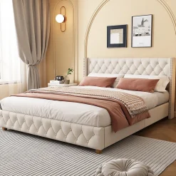 Okwish Lit Double 140x190 cm - Lit Double Rembourré avec Tête Capitonnée et Sommier à Lattes - Lin - Sans Matelas - Beige New