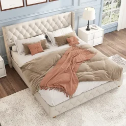 Okwish Lit Double 140x190 cm - Lit Double Rembourré avec Tête Capitonnée et Sommier à Lattes - Lin - Sans Matelas - Beige New