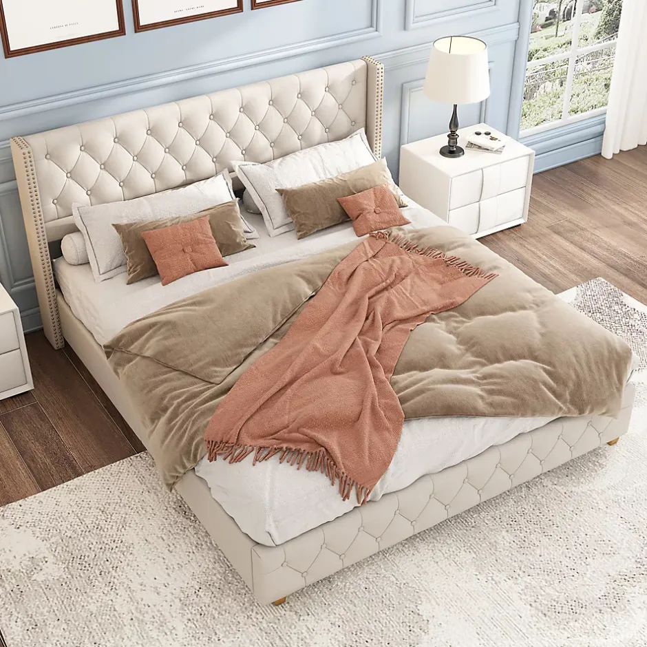 Okwish Lit Double 140x190 cm - Lit Double Rembourré avec Tête Capitonnée et Sommier à Lattes - Lin - Sans Matelas - Beige New