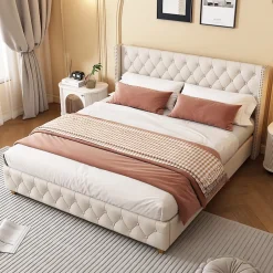 Okwish Lit Double 140x190 cm - Lit Double Rembourré avec Tête Capitonnée et Sommier à Lattes - Lin - Sans Matelas - Beige New