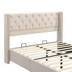 Okwish Lit Double 140x190 cm - Lit Double Rembourré avec Tête Capitonnée et Sommier à Lattes - Lin - Sans Matelas - Beige New