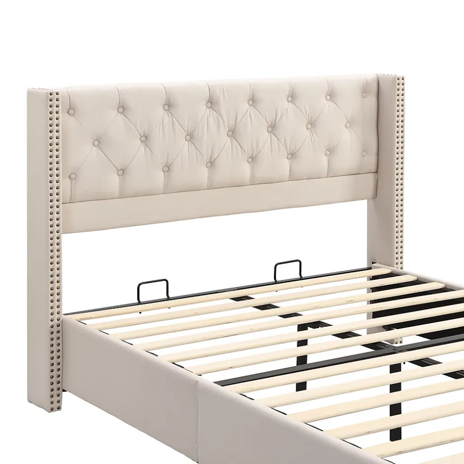 Okwish Lit Double 140x190 cm - Lit Double Rembourré avec Tête Capitonnée et Sommier à Lattes - Lin - Sans Matelas - Beige New