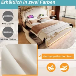 Okwish Lit double 140x200 cm - Lit double capitonné avec 4 Tiroirs, LED et USB-C, Rangement sous Matelas, Velours Beige, Matelas Inclus Hot