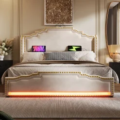 Okwish Lit double 140x200 cm - Lit double capitonné avec 4 Tiroirs, LED et USB-C, Rangement sous Matelas, Velours Beige, Matelas Inclus Hot