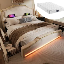Okwish Lit double 140x200 cm - Lit double capitonné avec 4 Tiroirs, LED et USB-C, Rangement sous Matelas, Velours Beige, Matelas Inclus Hot