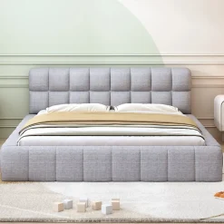 Okwish Lit Double 140x200 cm - Lit Double Ado Capitonné avec Tête de Lit et Sommier Inclus - Cadre en Lin Moderne - Sans Matelas - Gris Best
