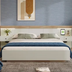 Okwish Lit double 160x200 cm - Lit en bois avec 2 tables de chevet et USB - Bois massif - Sans Matelas - Naturel