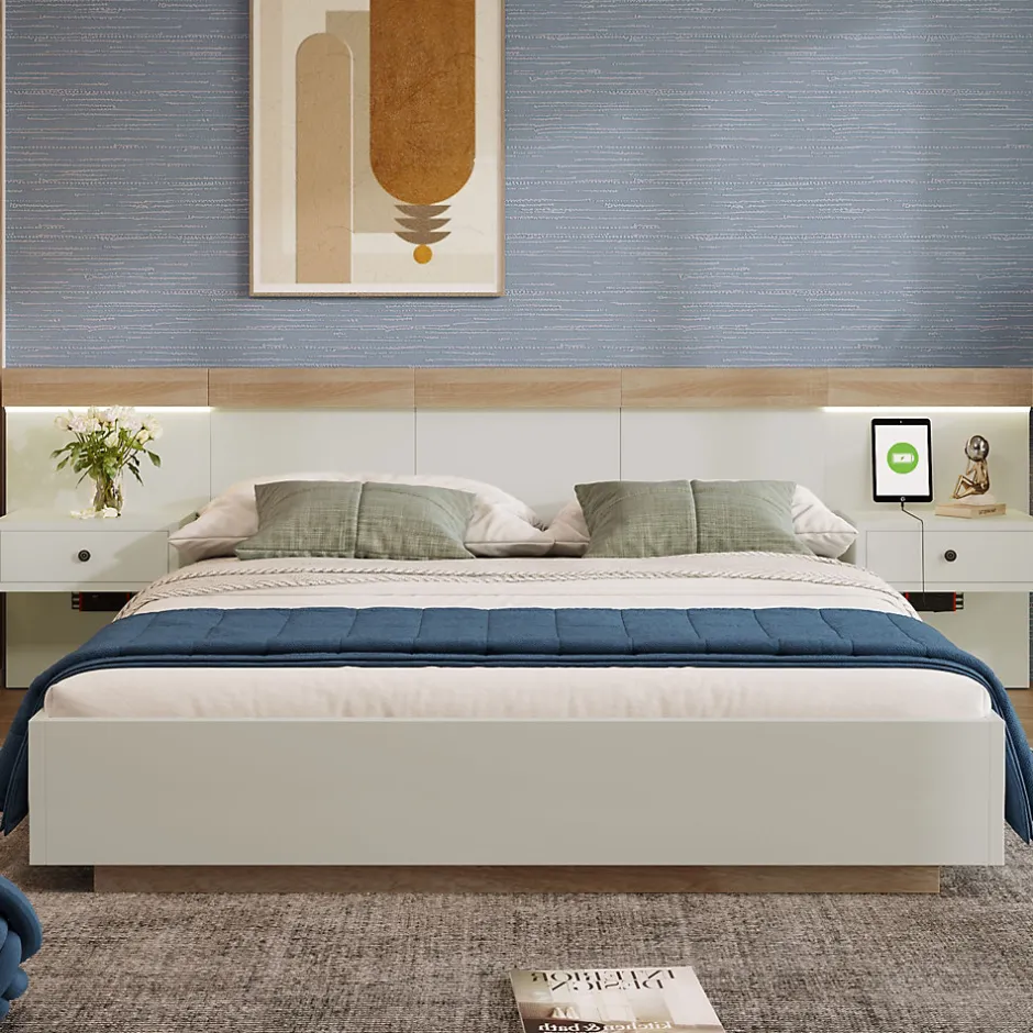 Okwish Lit double 160x200 cm - Lit en bois avec 2 tables de chevet et USB - Bois massif - Sans Matelas - Naturel