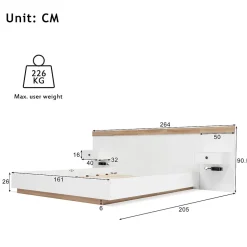 Okwish Lit double 160x200 cm - Lit en bois avec 2 tables de chevet et USB - Bois massif - Sans Matelas - Naturel