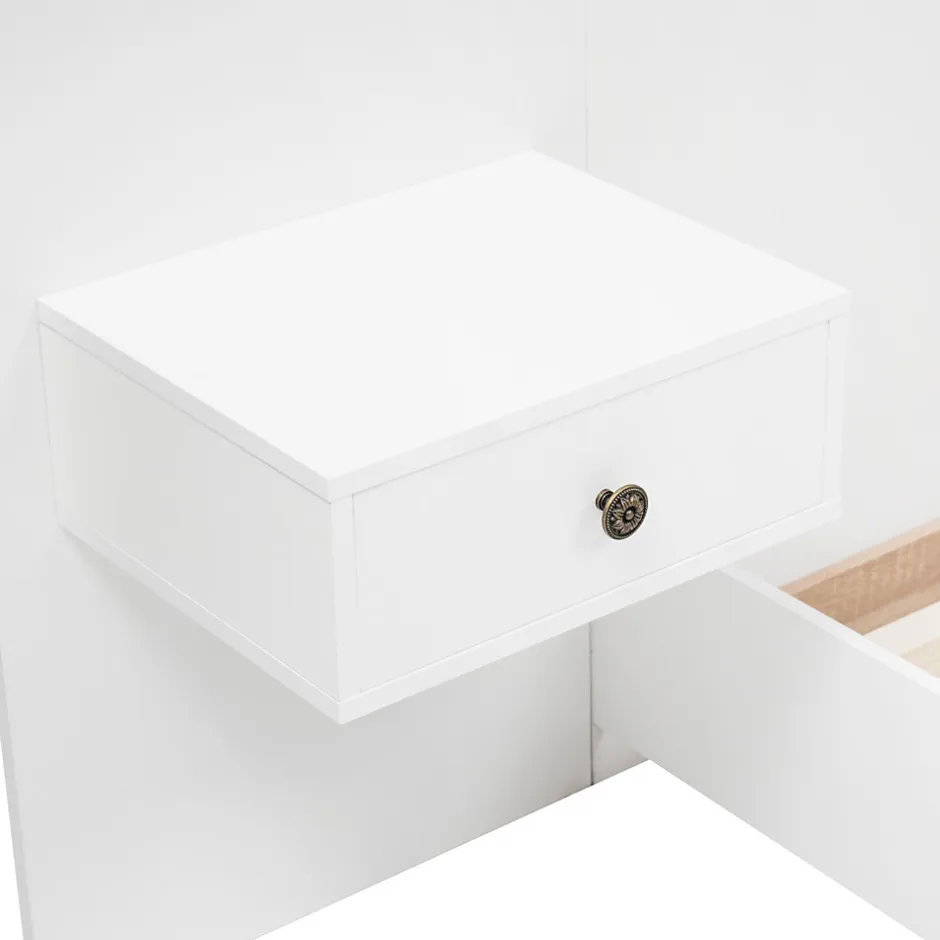 Okwish Lit double 160x200 cm - Lit en bois avec 2 tables de chevet et USB - Bois massif - Sans Matelas - Naturel