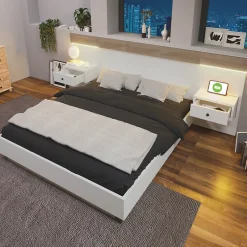 Okwish Lit double 180x200 cm - Lit en bois avec 2 tables de chevet et USB - Bois massif - Sans Matelas - Naturel Hot