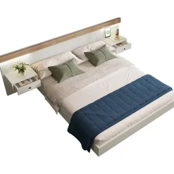 Okwish Lit double 180x200 cm - Lit en bois avec 2 tables de chevet et USB - Bois massif - Sans Matelas - Naturel Hot
