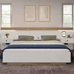 Okwish Lit double 180x200 cm - Lit en bois avec 2 tables de chevet et USB - Bois massif - Sans Matelas - Naturel Hot