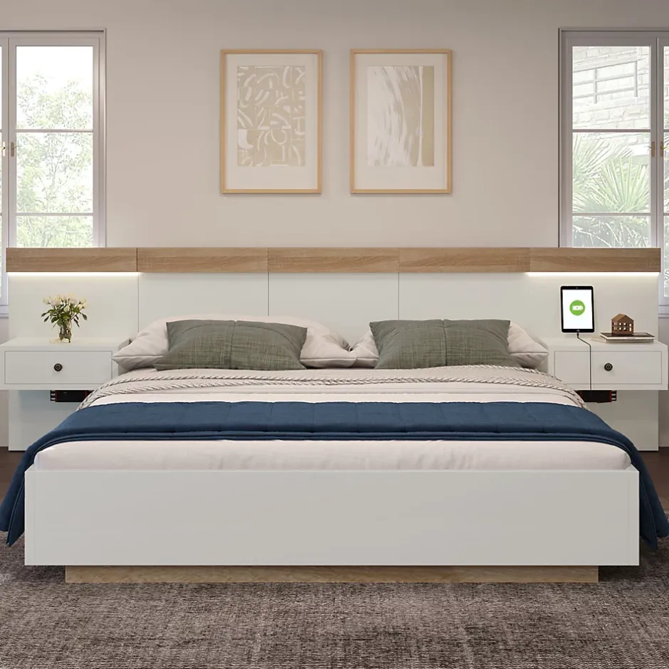 Okwish Lit double 180x200 cm - Lit en bois avec 2 tables de chevet et USB - Bois massif - Sans Matelas - Naturel Hot