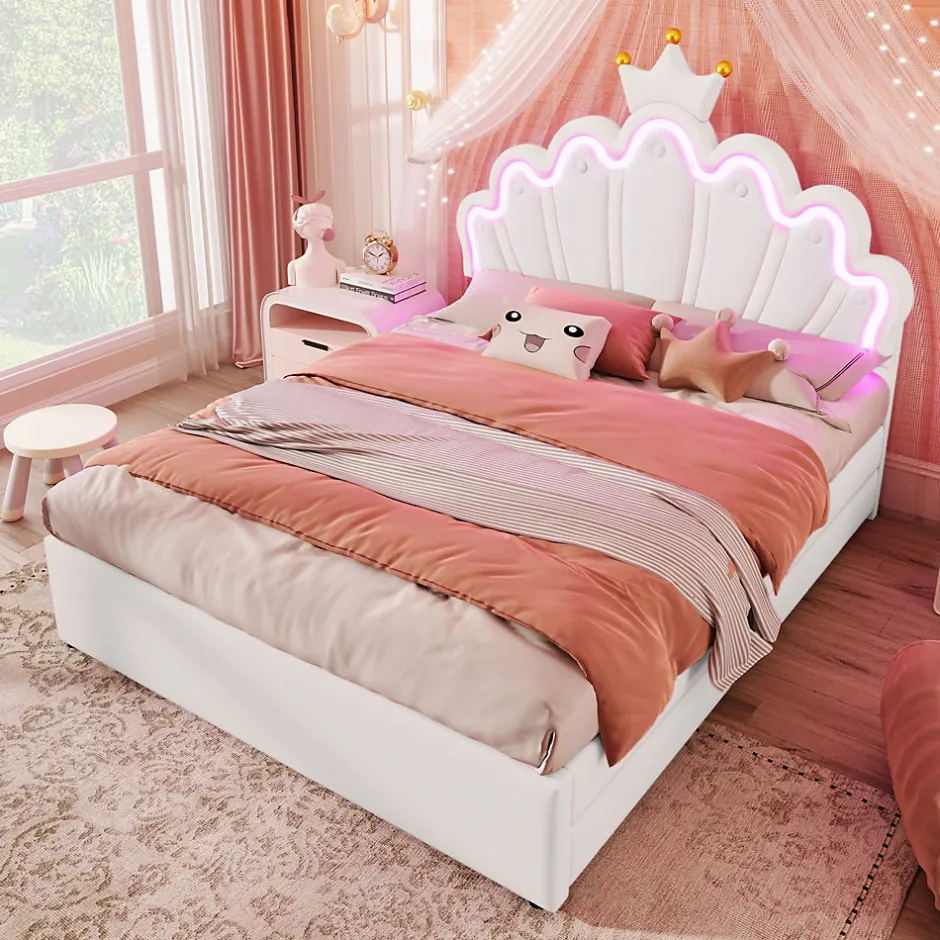Okwish Lit double 140x200 cm - Lit enfant avec 2 rangements - PU + MDF - Sans matelas - Blanc