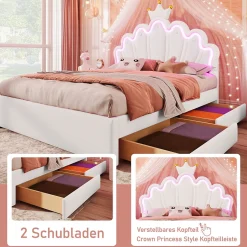 Okwish Lit double 140x200 cm - Lit enfant avec 2 rangements - PU + MDF - Sans matelas - Blanc