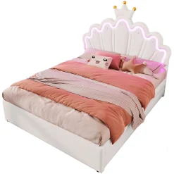 Okwish Lit double 140x200 cm - Lit enfant avec 2 rangements - PU + MDF - Sans matelas - Blanc