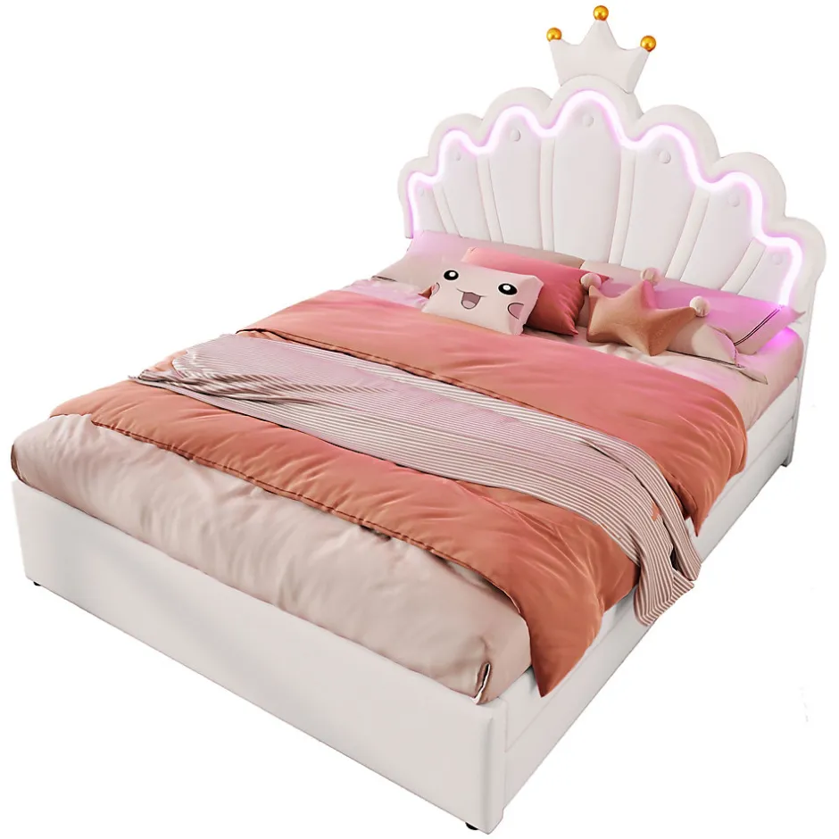 Okwish Lit double 140x200 cm - Lit enfant avec 2 rangements - PU + MDF - Sans matelas - Blanc