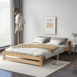 Okwish Lit Double 140x200 cm - Lit Futon Naturel en Bois Massif avec Tête de Lit - Lit Scandinave Minimaliste Adulte - Sans Matelas Outlet