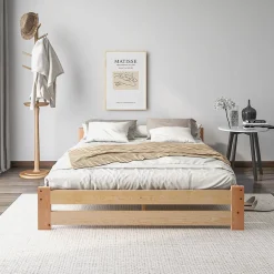 Okwish Lit Double 140x200 cm - Lit Futon Naturel en Bois Massif avec Tête de Lit - Lit Scandinave Minimaliste Adulte - Sans Matelas Outlet