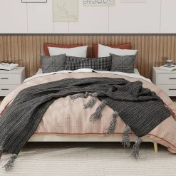 Okwish Lit Double 160x200 cm - Lit pour Adulte/Ado Moderne à Base Basse, Sans Tête de Lit, Sans Matelas, en Velours Hollandais Beige