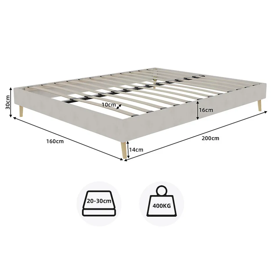 Okwish Lit Double 160x200 cm - Lit pour Adulte/Ado Moderne à Base Basse, Sans Tête de Lit, Sans Matelas, en Velours Hollandais Beige