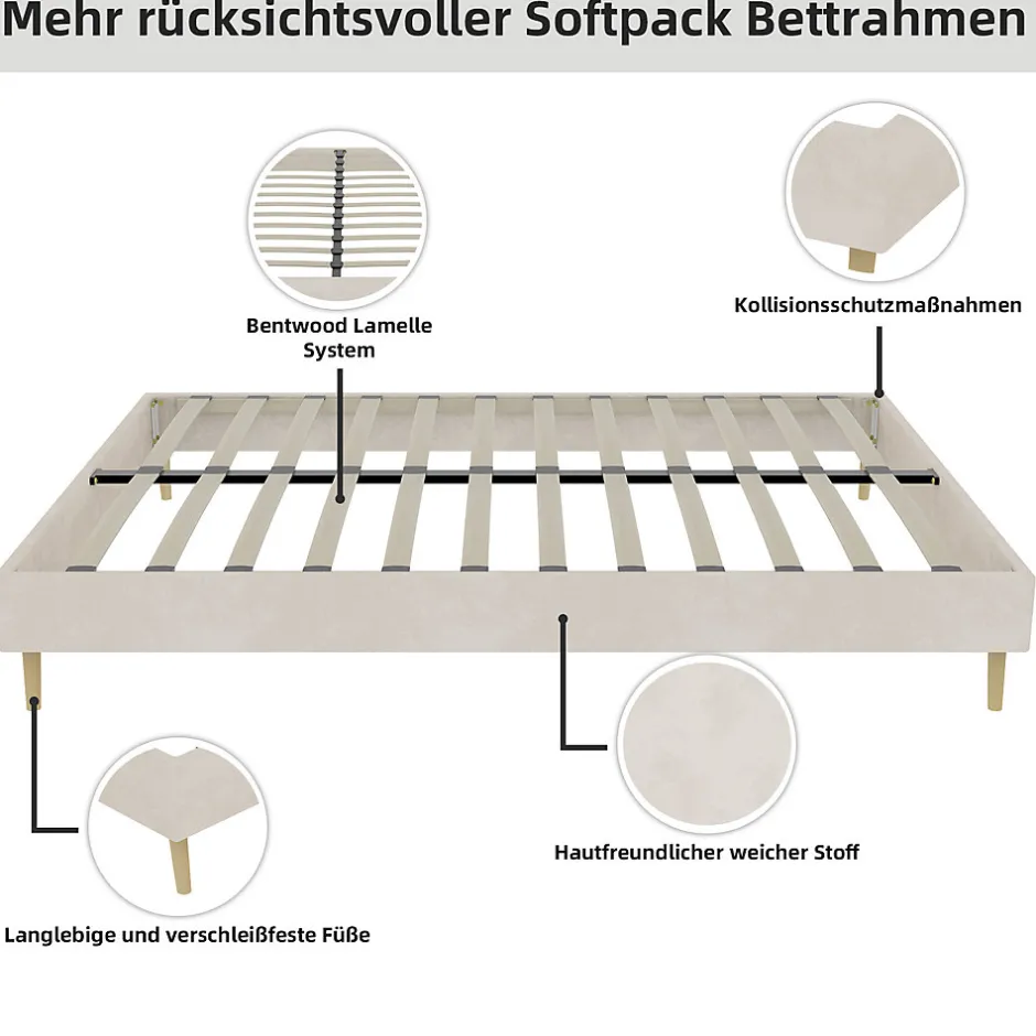 Okwish Lit Double 160x200 cm - Lit pour Adulte/Ado Moderne à Base Basse, Sans Tête de Lit, Sans Matelas, en Velours Hollandais Beige