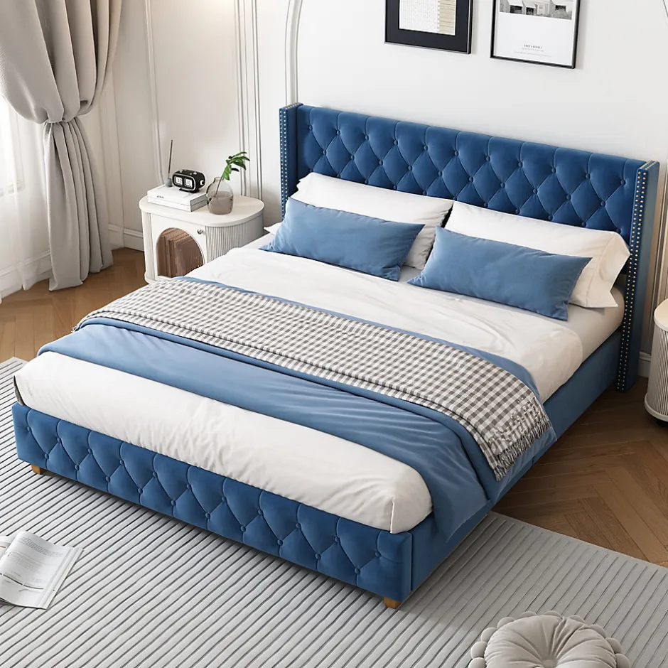 Okwish Lit Double 160x200 cm - Lit Rembourré avec Tête de Lit Capitonnée - Velours - Sans Matelas - Bleu