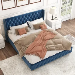 Okwish Lit Double 160x200 cm - Lit Rembourré avec Tête de Lit Capitonnée - Velours - Sans Matelas - Bleu