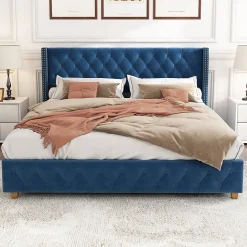 Okwish Lit Double 160x200 cm - Lit Rembourré avec Tête de Lit Capitonnée - Velours - Sans Matelas - Bleu