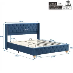 Okwish Lit Double 160x200 cm - Lit Rembourré avec Tête de Lit Capitonnée - Velours - Sans Matelas - Bleu