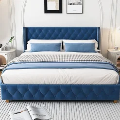 Okwish Lit Double 160x200 cm - Lit Rembourré avec Tête de Lit Capitonnée - Velours - Sans Matelas - Bleu