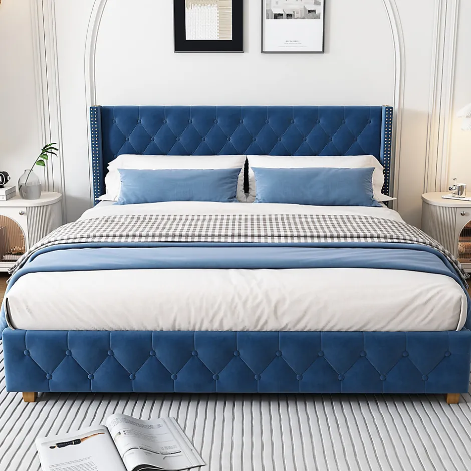 Okwish Lit Double 160x200 cm - Lit Rembourré avec Tête de Lit Capitonnée - Velours - Sans Matelas - Bleu