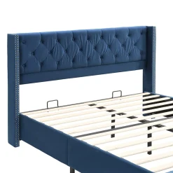 Okwish Lit Double 160x200 cm - Lit Rembourré avec Tête de Lit Capitonnée - Velours - Sans Matelas - Bleu