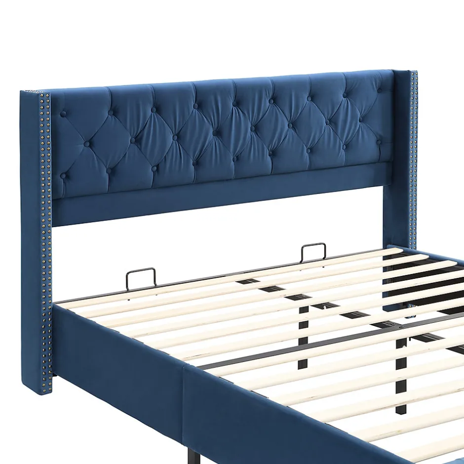 Okwish Lit Double 160x200 cm - Lit Rembourré avec Tête de Lit Capitonnée - Velours - Sans Matelas - Bleu