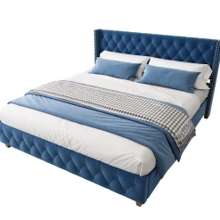 Okwish Lit Double 160x200 cm - Lit Rembourré avec Tête de Lit Capitonnée - Velours - Sans Matelas - Bleu