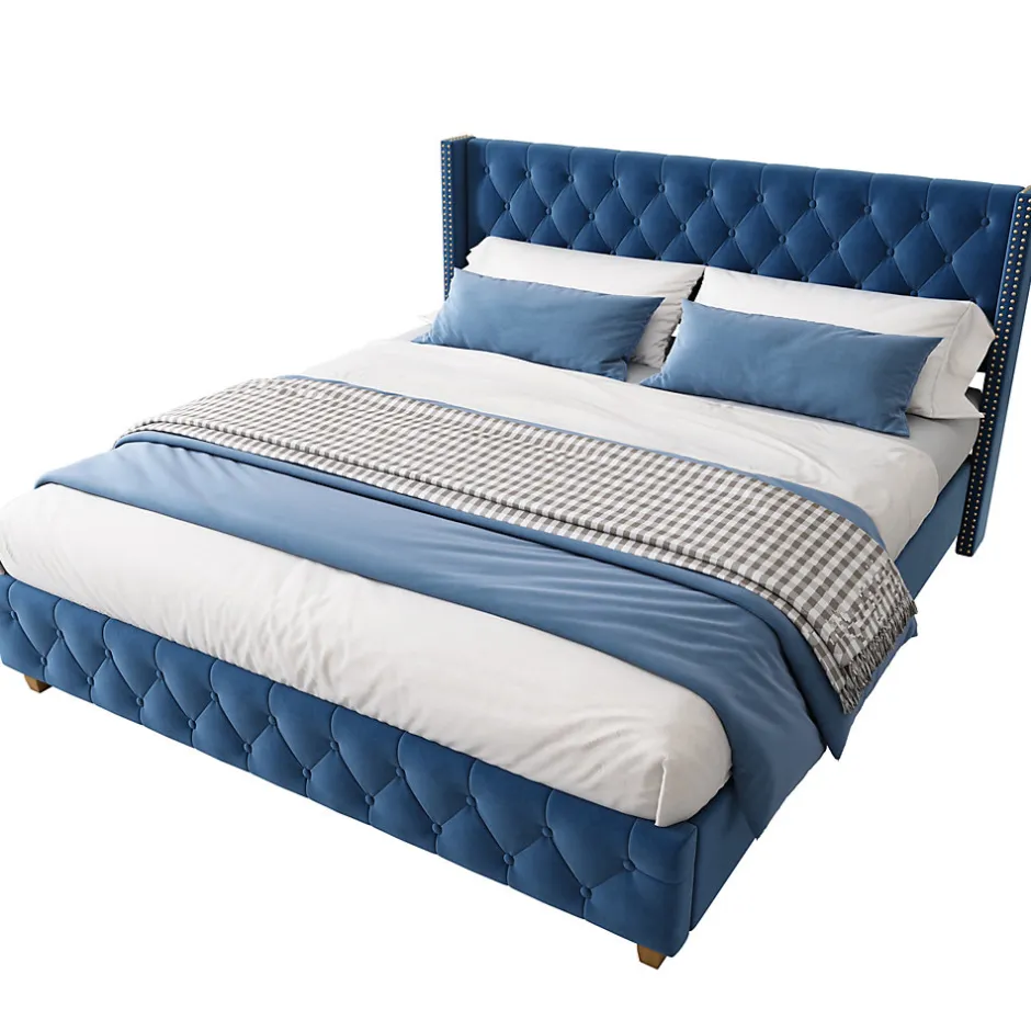 Okwish Lit Double 160x200 cm - Lit Rembourré avec Tête de Lit Capitonnée - Velours - Sans Matelas - Bleu
