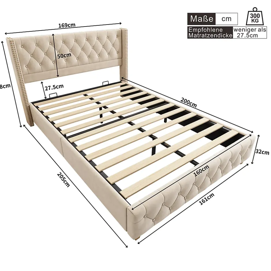 Generique Lit Double 160x200 cm - Lit Rembourré avec Tête de Lit Capitonnée - Velours - Sans Matelas - Beige New