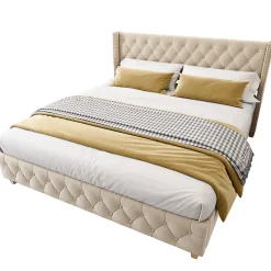 Generique Lit Double 160x200 cm - Lit Rembourré avec Tête de Lit Capitonnée - Velours - Sans Matelas - Beige New