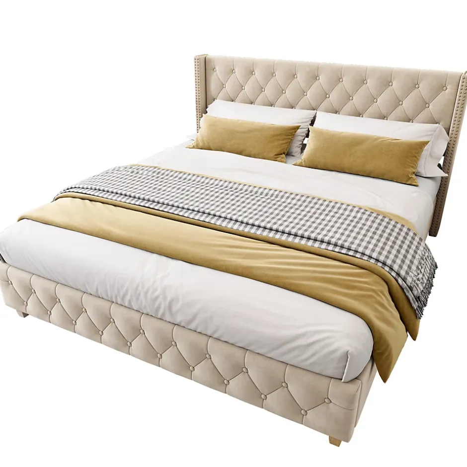 Generique Lit Double 160x200 cm - Lit Rembourré avec Tête de Lit Capitonnée - Velours - Sans Matelas - Beige New
