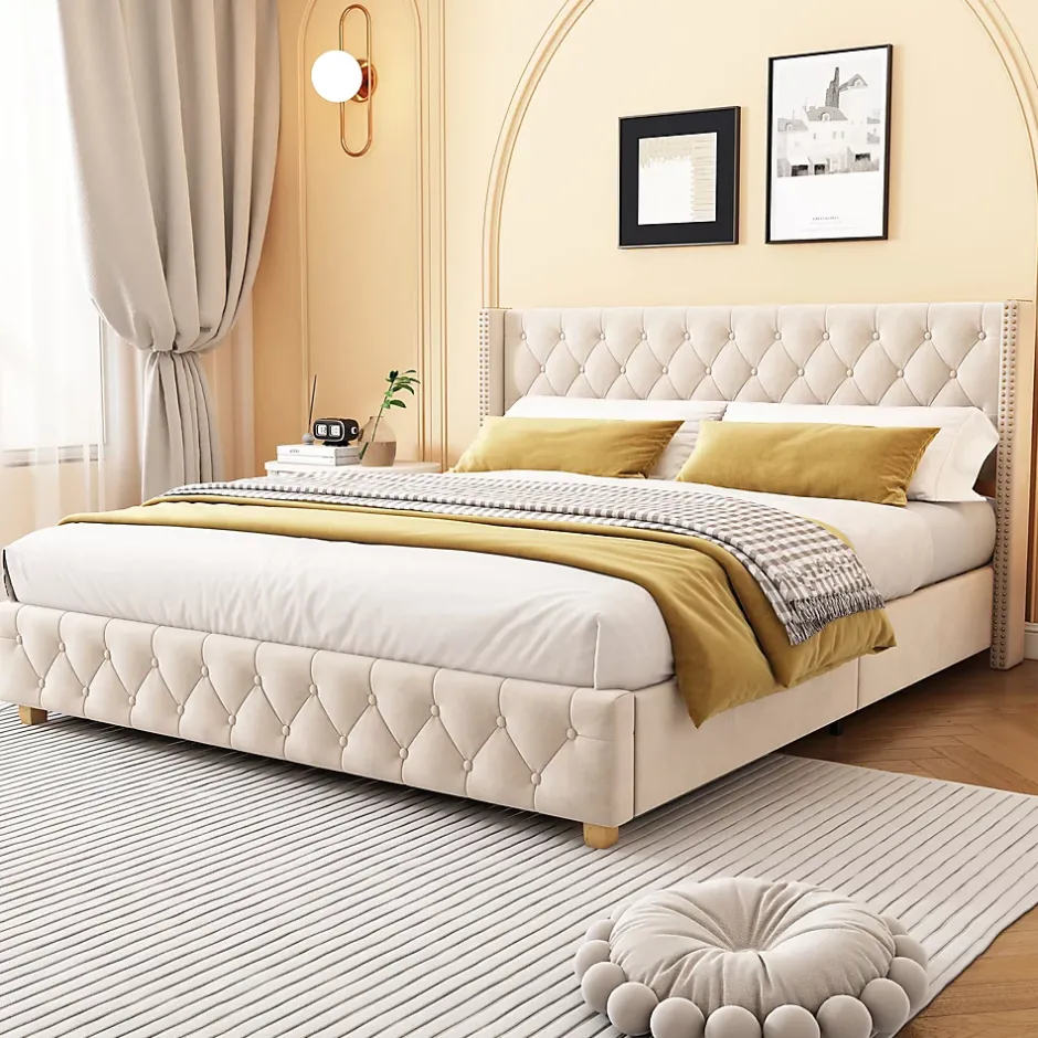 Generique Lit Double 160x200 cm - Lit Rembourré avec Tête de Lit Capitonnée - Velours - Sans Matelas - Beige New