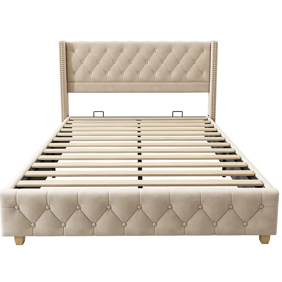 Generique Lit Double 160x200 cm - Lit Rembourré avec Tête de Lit Capitonnée - Velours - Sans Matelas - Beige New