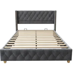 Okwish Lit Double 140x190 cm - Lit Rembourré avec Tête de Lit à Boutons et Sommier à Lattes - Velours - Sans Matelas - Gris New