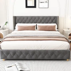 Okwish Lit Double 140x190 cm - Lit Rembourré avec Tête de Lit à Boutons et Sommier à Lattes - Velours - Sans Matelas - Gris New