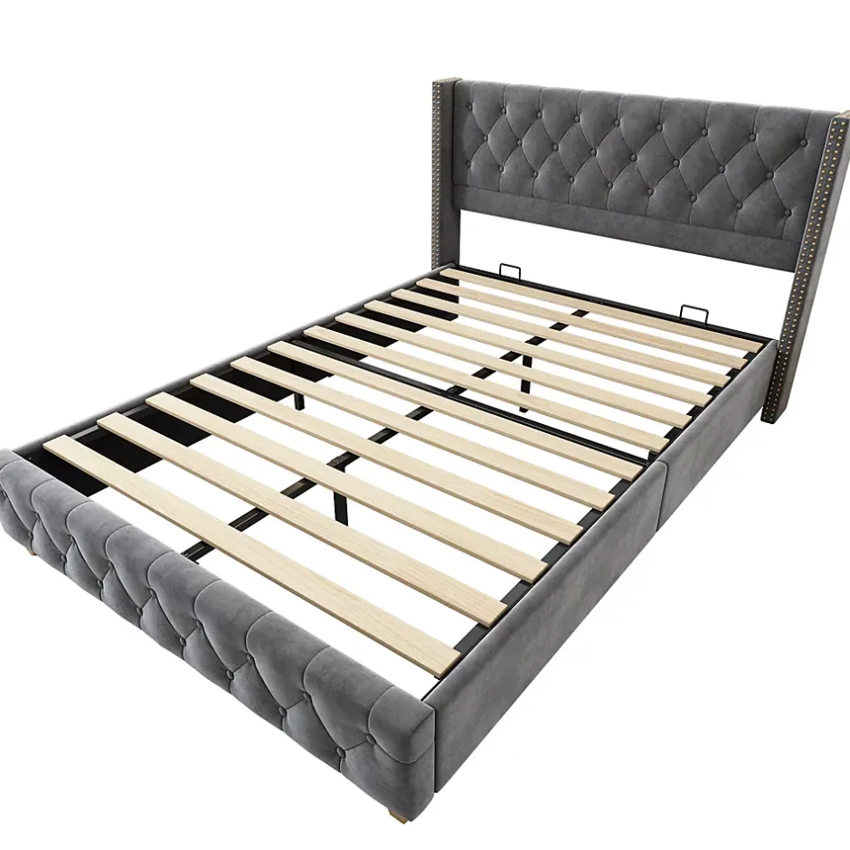 Okwish Lit Double 140x190 cm - Lit Rembourré avec Tête de Lit à Boutons et Sommier à Lattes - Velours - Sans Matelas - Gris New