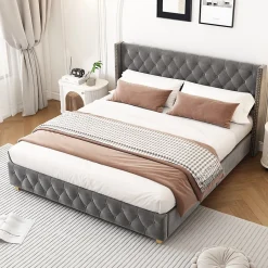 Okwish Lit Double 140x190 cm - Lit Rembourré avec Tête de Lit à Boutons et Sommier à Lattes - Velours - Sans Matelas - Gris New