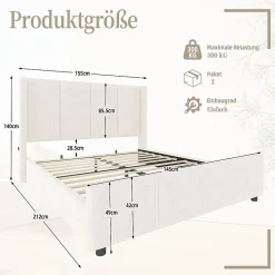 Generique Lit Double 140x200 cm - Lit Rembourré Adulte avec Tête Haute et Port USB, Velours, Sans Matelas, Beige