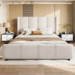 Generique Lit Double 140x200 cm - Lit Rembourré Adulte avec Tête Haute et Port USB, Velours, Sans Matelas, Beige